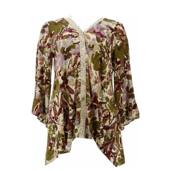 LOGO by Lori Goldstein Print Rayon 230 Cardigan with Lace & R Olive Branch,XXS - Picture 1 of 1